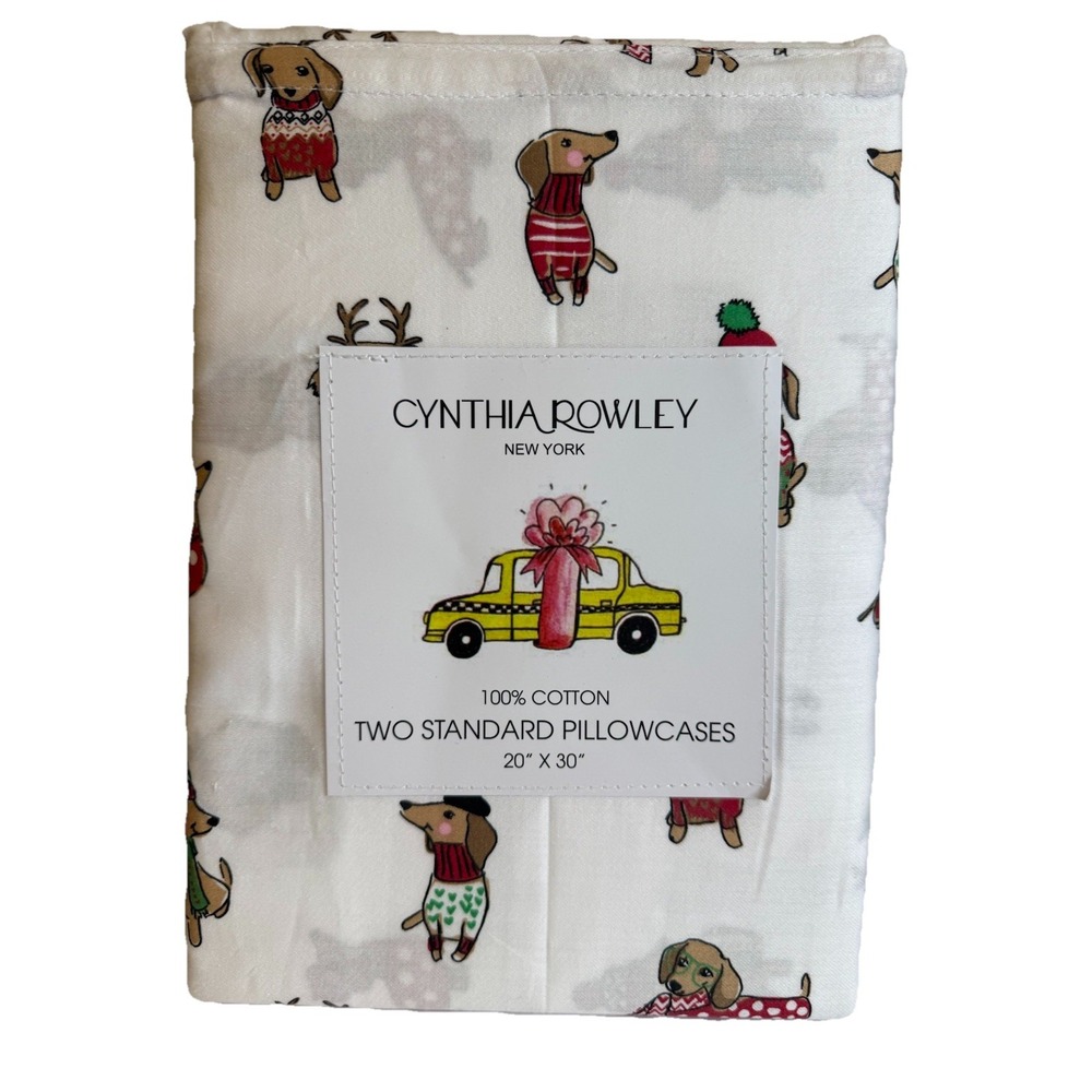 Cynthia Rowley 2 Pillowcase‎ Set Holiday Dachshund Doxie Weiner Dog 100% Cotton